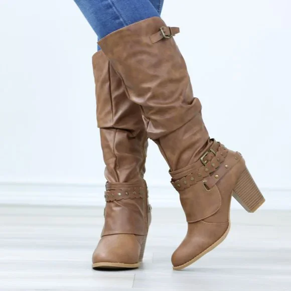 Motorcycle Heeled Boots For Rocker Biker Girls Below The Knee Tan Faux Leather - Picture 11 of 15